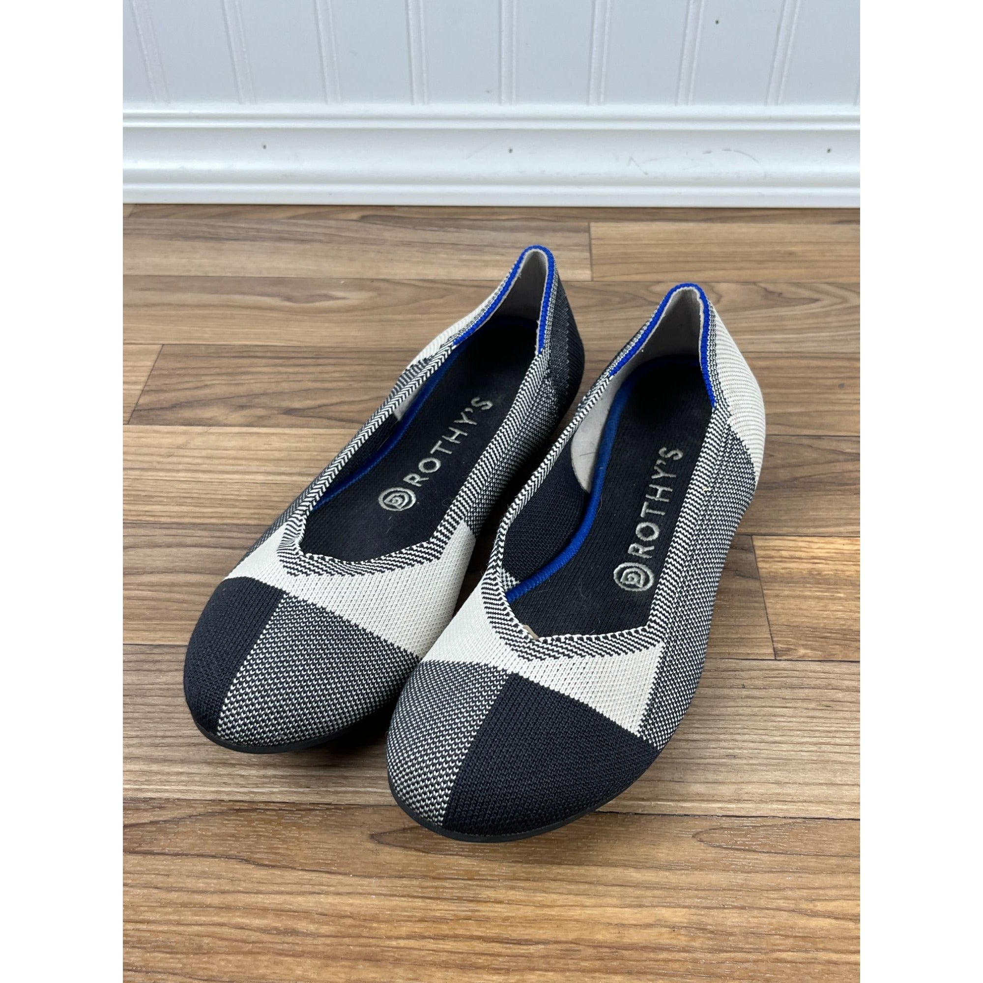 Rothy’s The Flat Captoe Plaid Ballet Flats Shoes Black & White Size 9.5