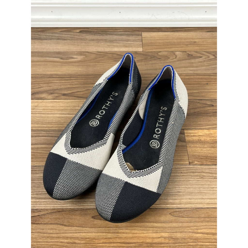 Rothy’s The Flat Captoe Plaid Ballet Flats Shoes Black & White Size 9.5