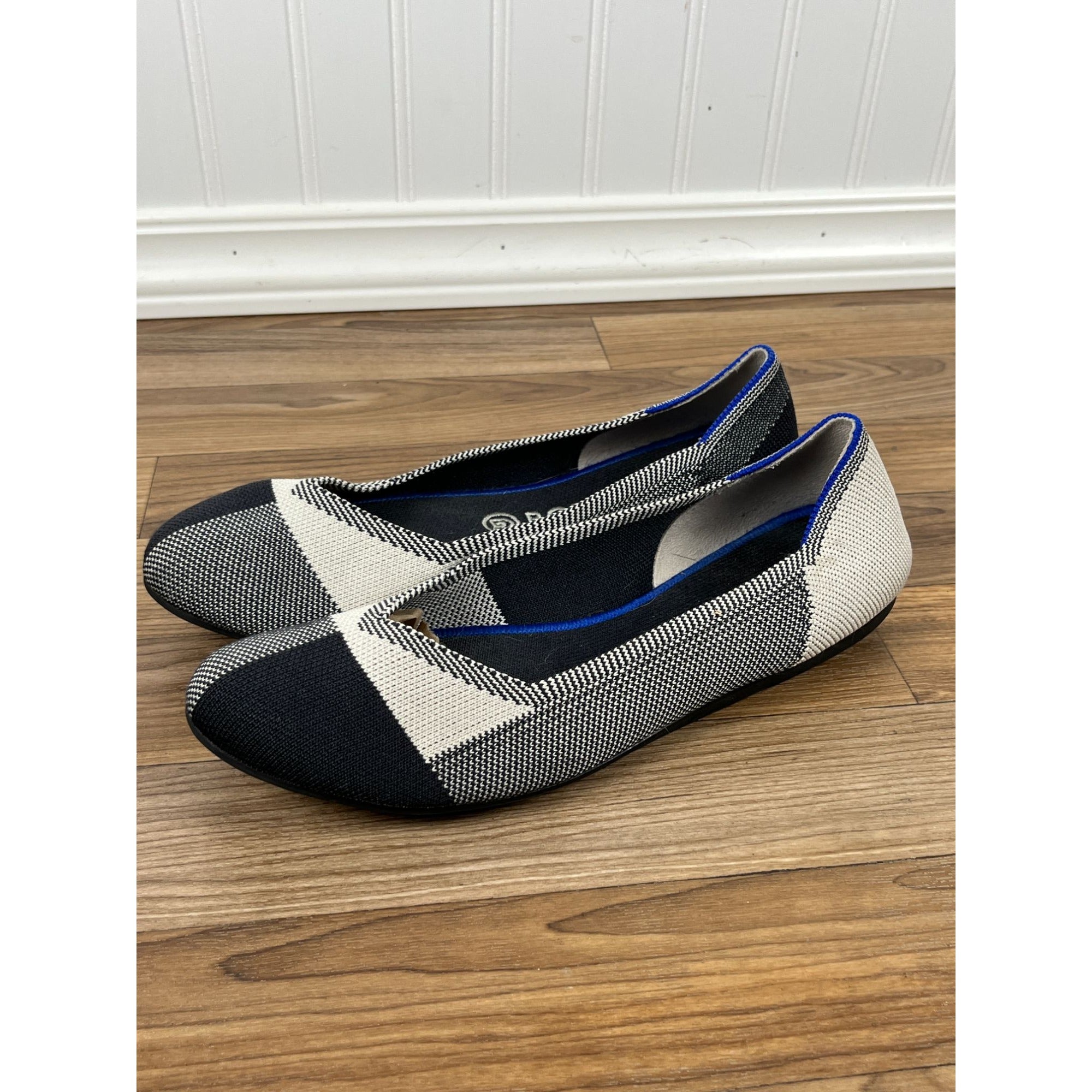 Rothy’s The Flat Captoe Plaid Ballet Flats Shoes Black & White Size 9.5