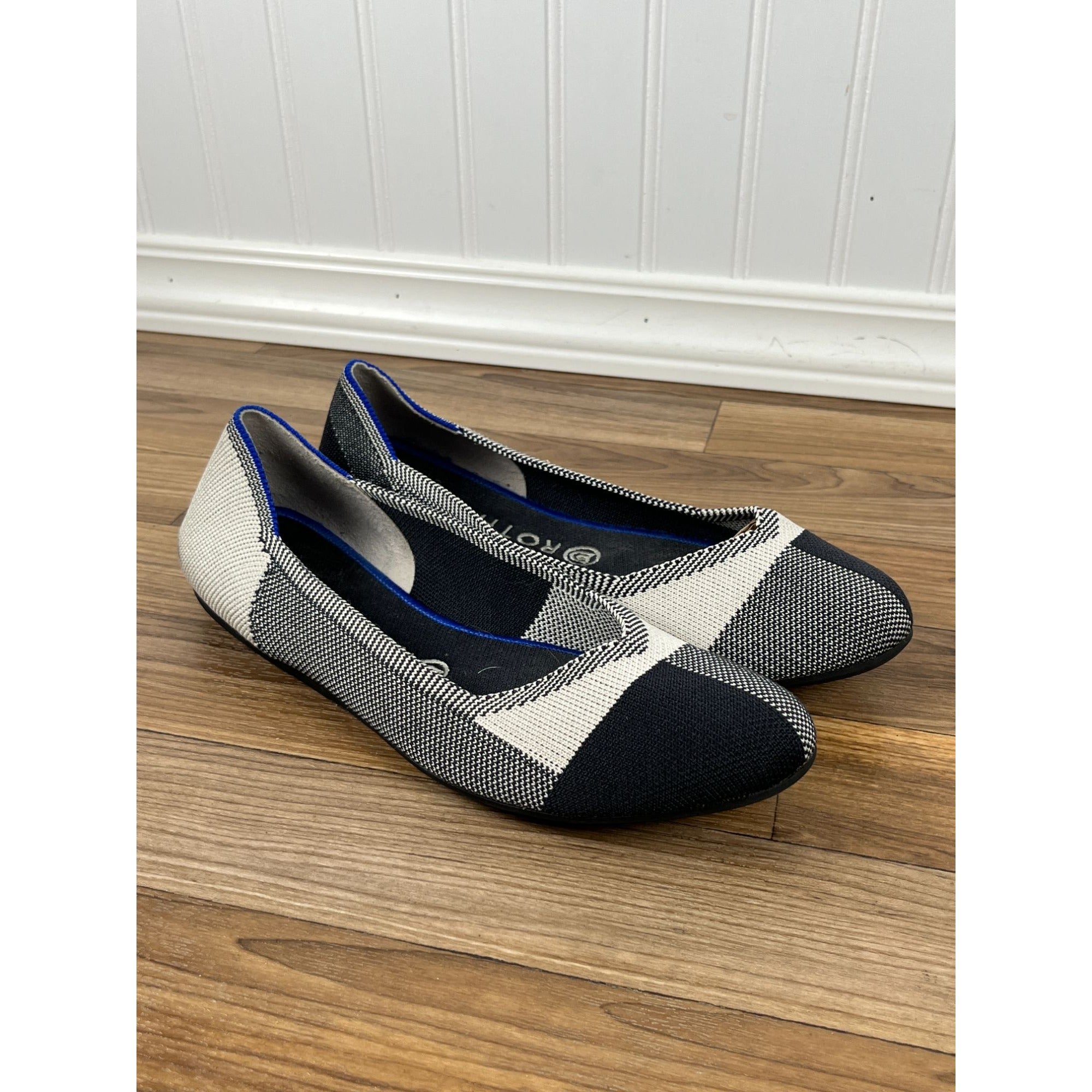Rothy’s The Flat Captoe Plaid Ballet Flats Shoes Black & White Size 9.5