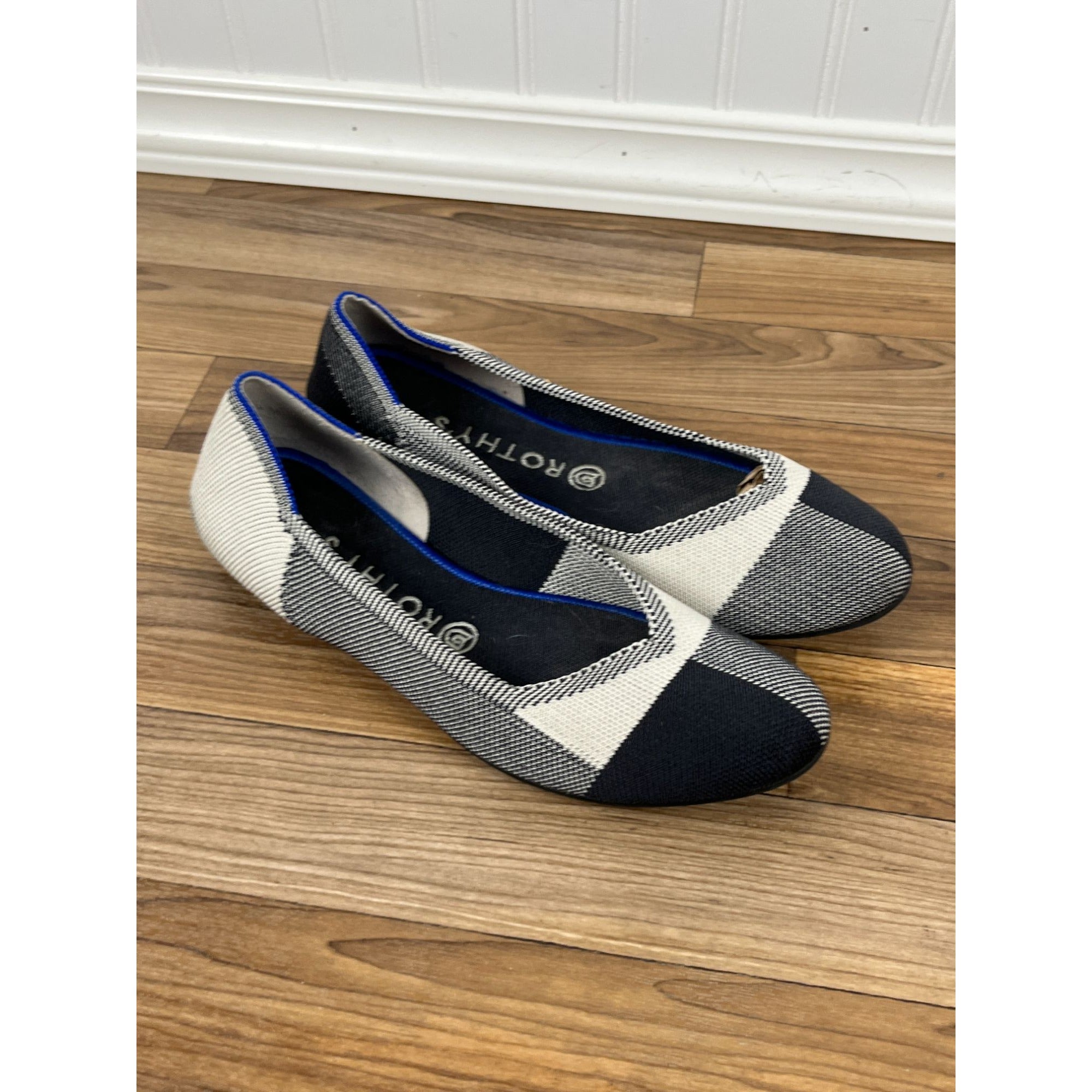 Rothy’s The Flat Captoe Plaid Ballet Flats Shoes Black & White Size 9.5