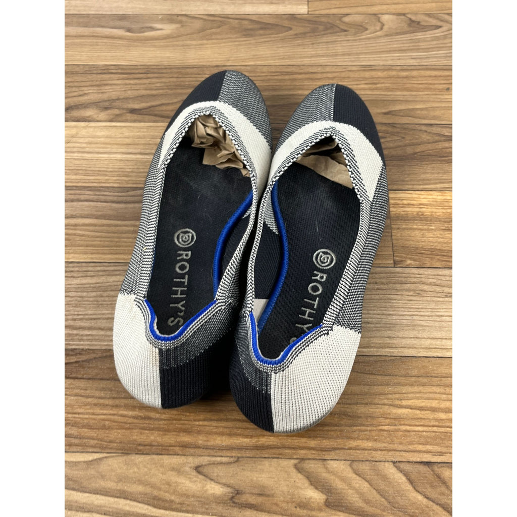Rothy’s The Flat Captoe Plaid Ballet Flats Shoes Black & White Size 9.5